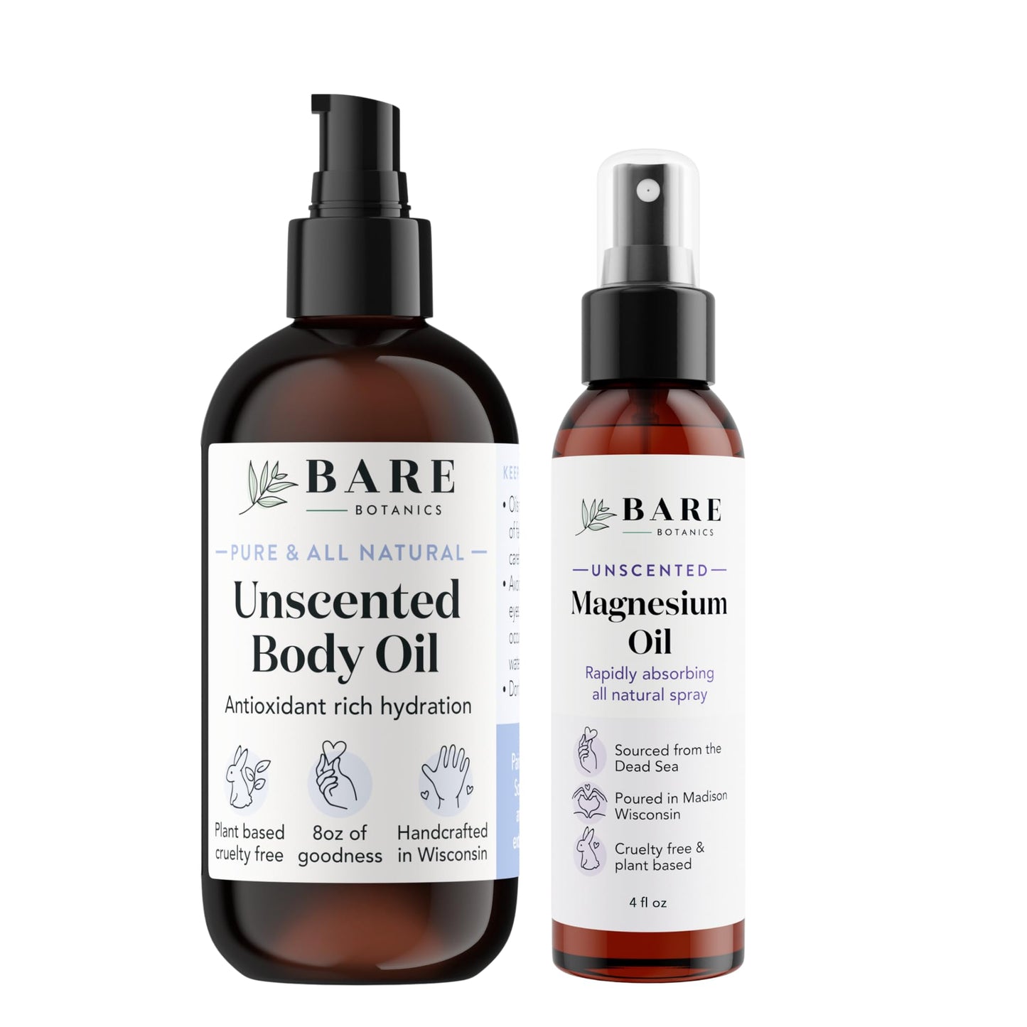 Bare Botanics Unscented Body Oil (Custom Formulated) + 4oz Magnesium Oil Spray