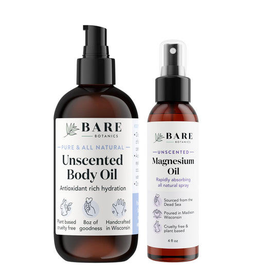 Bare Botanics Unscented Body Oil (Custom Formulated) + 4oz Magnesium Oil Spray