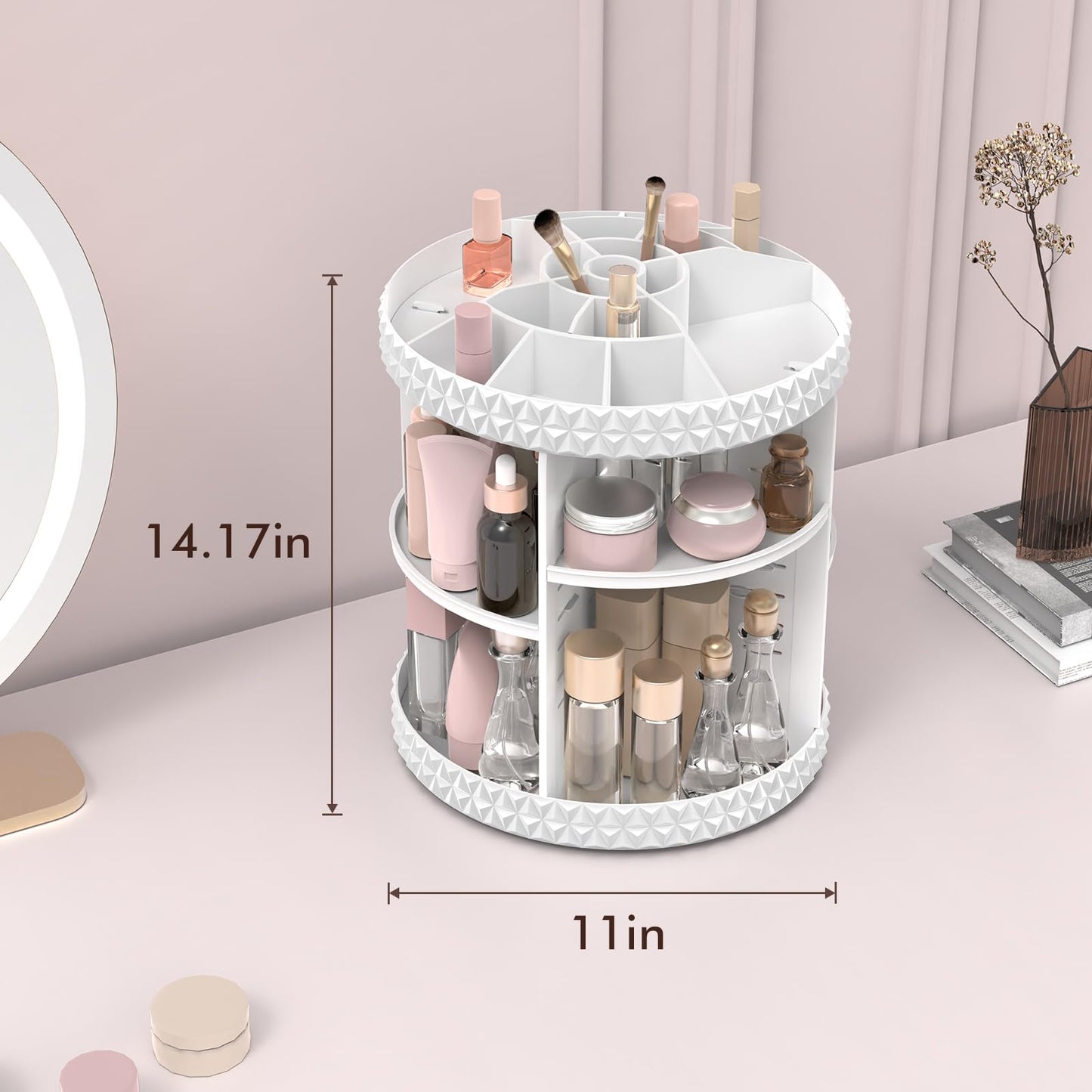 Rosoenvi Rotating Makeup Organizer, Adjustable Vanity Organizer, Large Capacity Cosmetic Display Case for Spinning, Storage Carousel for Bathroom and Vanity Countertop, Diamond Pattern, Large, White