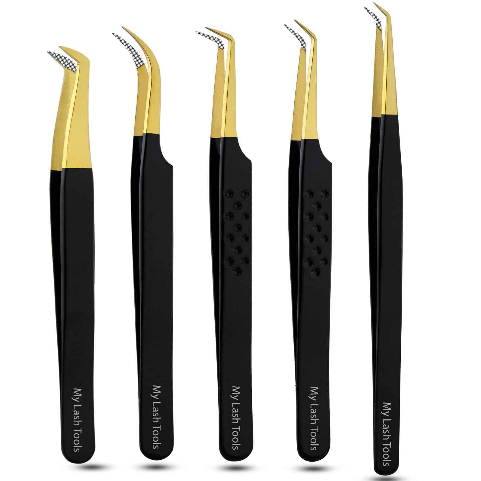 5pcs Fiber Tip Lash Tweezers Set – Curved Classic, Boot Volume, 90° & 45° Angle, Isolation Tweezer for Eyelash Extensions, Precision Stainless Steel, Professional Non-Slip Application Kit