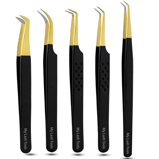 5pcs Fiber Tip Lash Tweezers Set – Curved Classic, Boot Volume, 90° & 45° Angle, Isolation Tweezer for Eyelash Extensions, Precision Stainless Steel, Professional Non-Slip Application Kit