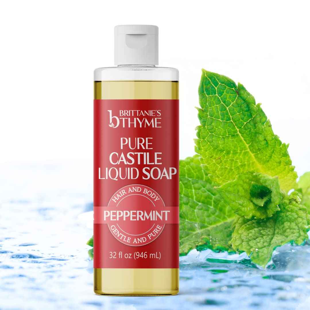 Brittanie’s Pure Castile Liquid Soap Refill, Peppermint, 32 Ounce | Dish Soap, Hair & Body, Home, Gentle and Pure, Made with Natural Luxurious Oils, Vegan & Gluten Free Non-GMO
