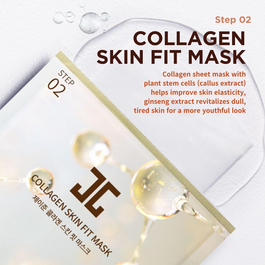 JAYJUN Collagen Skin Fit Mask (10 Sheets) – 2-Step All in one Hydration & Firming Ritual with Hyaluronic Acid & Marine Collagen 0.84 fl. oz.