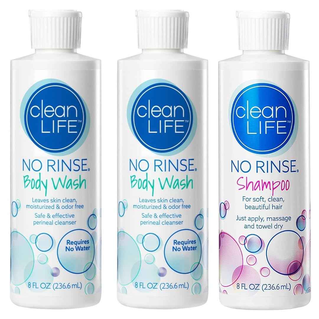 No-Rinse Shampoo 8oz (1 bottle) Body Wash 8 oz (2 bottles) – Gentle, Convenient & Hospital-Approved