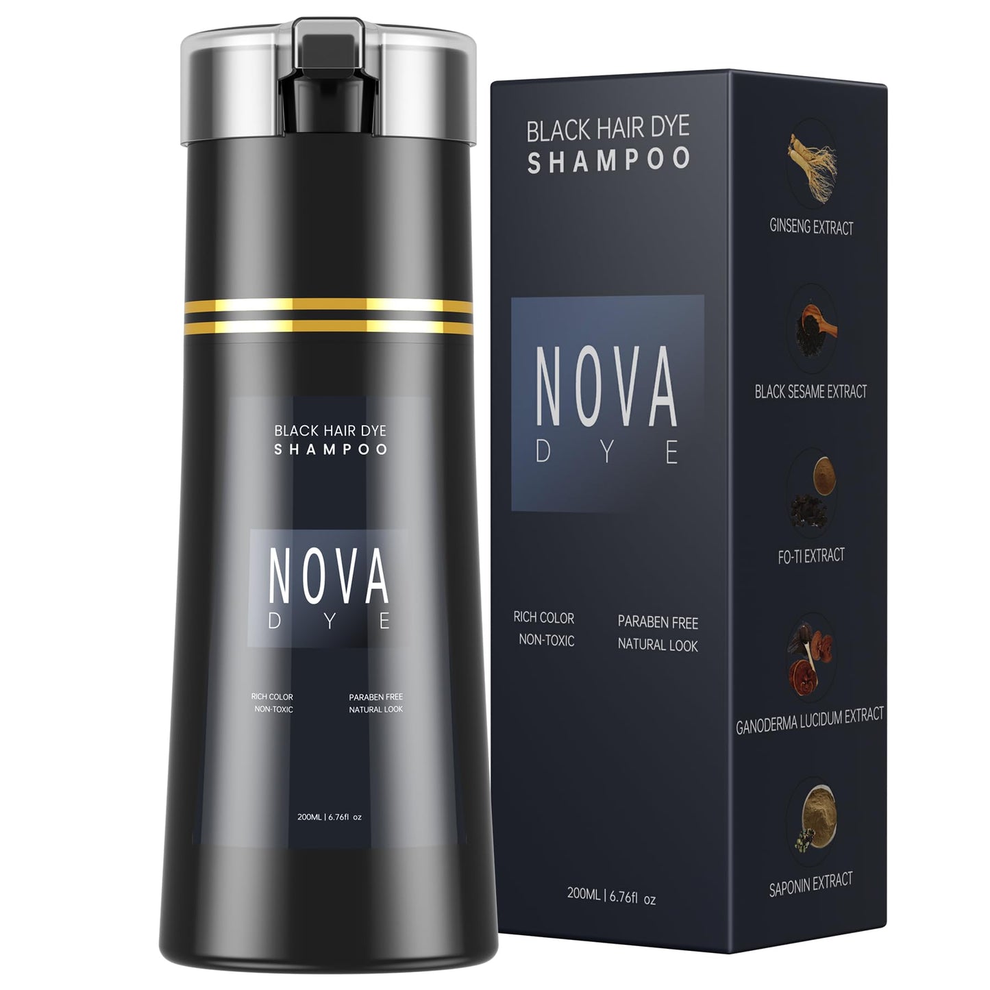 NOVA DYE Black Hair Dye Shampoo 3 in 1, Natural Dye Shampoo for Men & Women, Herbal Ingredient Shampoos for Grey Hairs Coverage