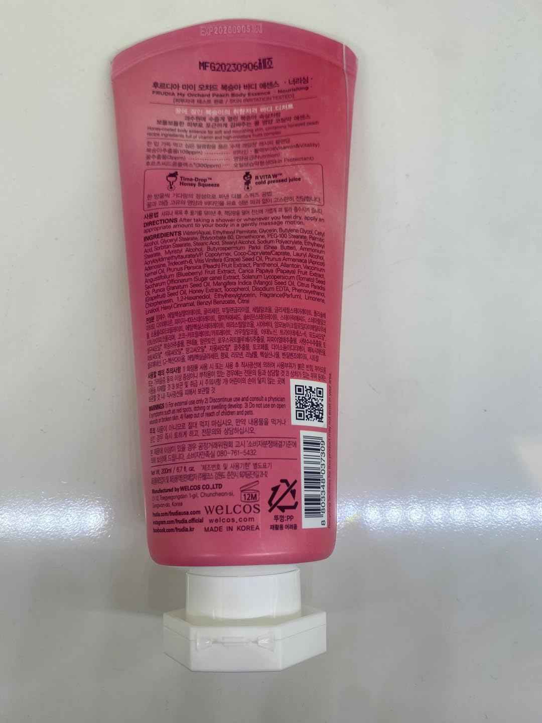 Frudia WELCOS My Orchard Peach Body Essence | Daily Moisturizing Lotion & Body Care Moisturizing Cream w/Fruit Extracts & Essential Oils | Body Moisturizer & Organic Body Lotion (6.76 Fl. Oz)