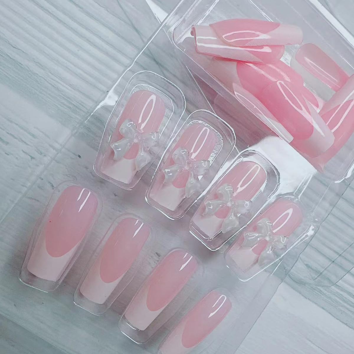 24pcs French Tip Press-On Nails - Short, Charms, Bow, Flower Design, Pink, Cute, Square Shape, Acrylic, Rhinestones