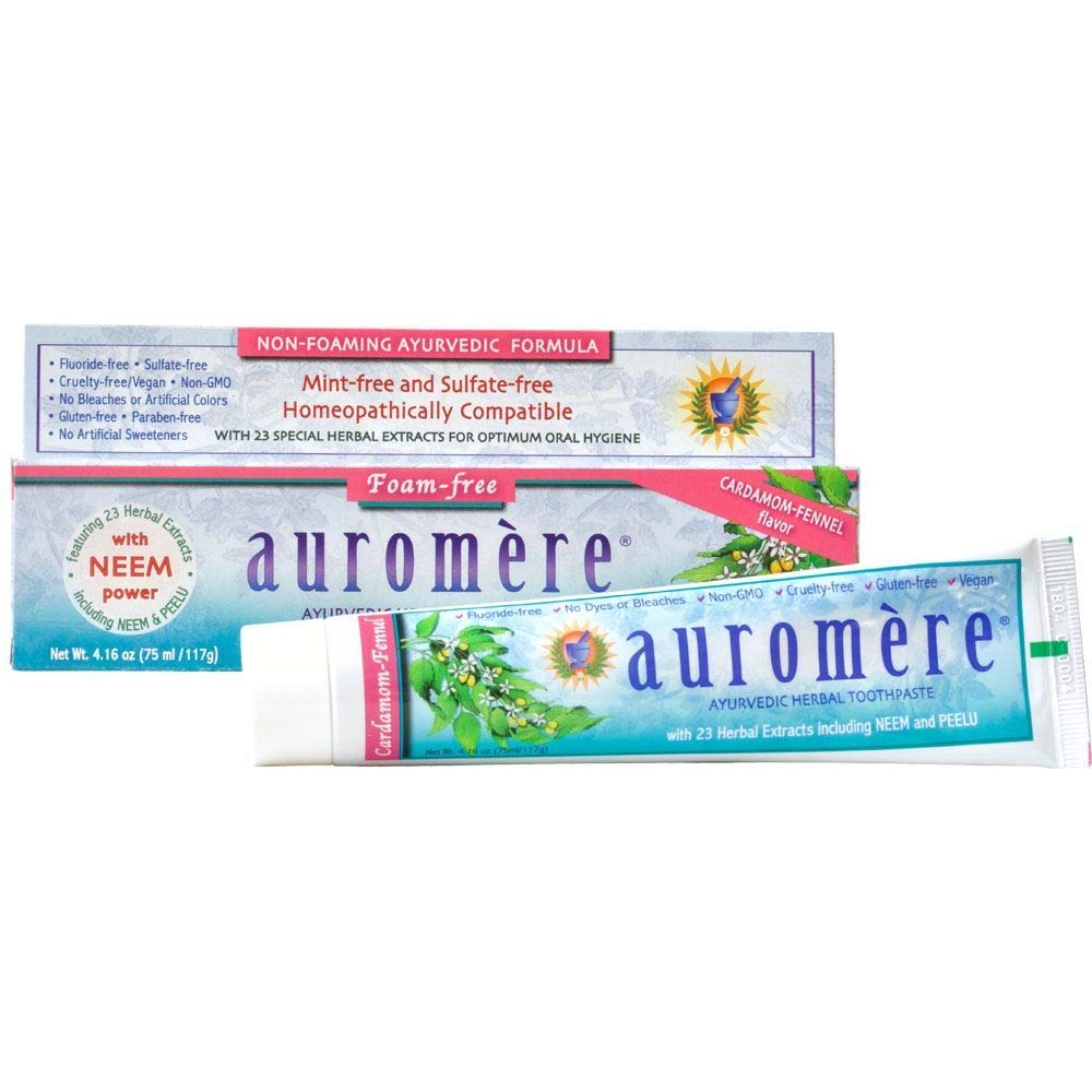Auromere Ayurvedic Herbal Toothpaste, Cardamom Fennel, Foam Free - Vegan, Natural, Non GMO, SLS Free, Fluoride Free, Gluten Free, with Neem & Peelu (4.16 oz), 3 Pack