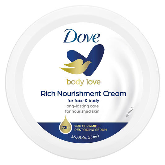 Dove Nourishing Body Care, Face, Hand, and Body Rich Nourishment Cream for Extra Dry Skin with 48-Hour Moisturization, 4-Pack, 2.53 Oz Each Jar
