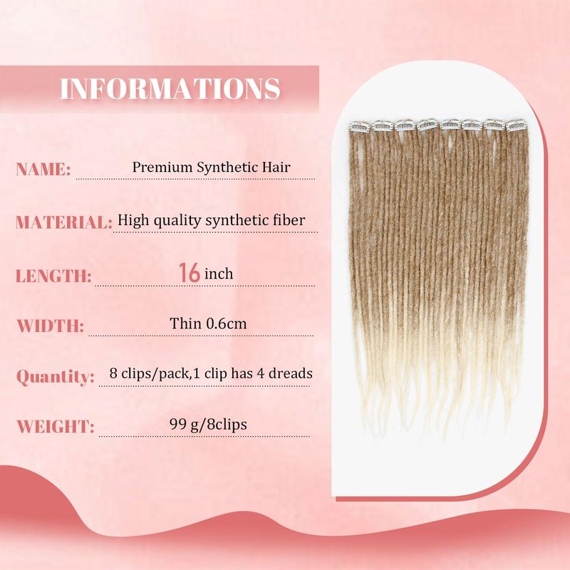 Quisduis 16 Inch Clip in Dreadlocks Hair Extensions, 8PCS 32 Strands Light Brown to Blonde Synthetic Dreas Extensions Handmade Soft Thin Dreadlocks for Women