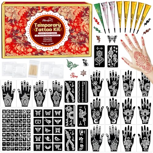 Temporary Tattoos Stencils Kit,Temporary Tattoos Kit - 8 Pcs 4 Color(Brown,Black,Cherry red,Green), Ink with Gloves,DIY Body Art Painting for Women Men Adults Kids