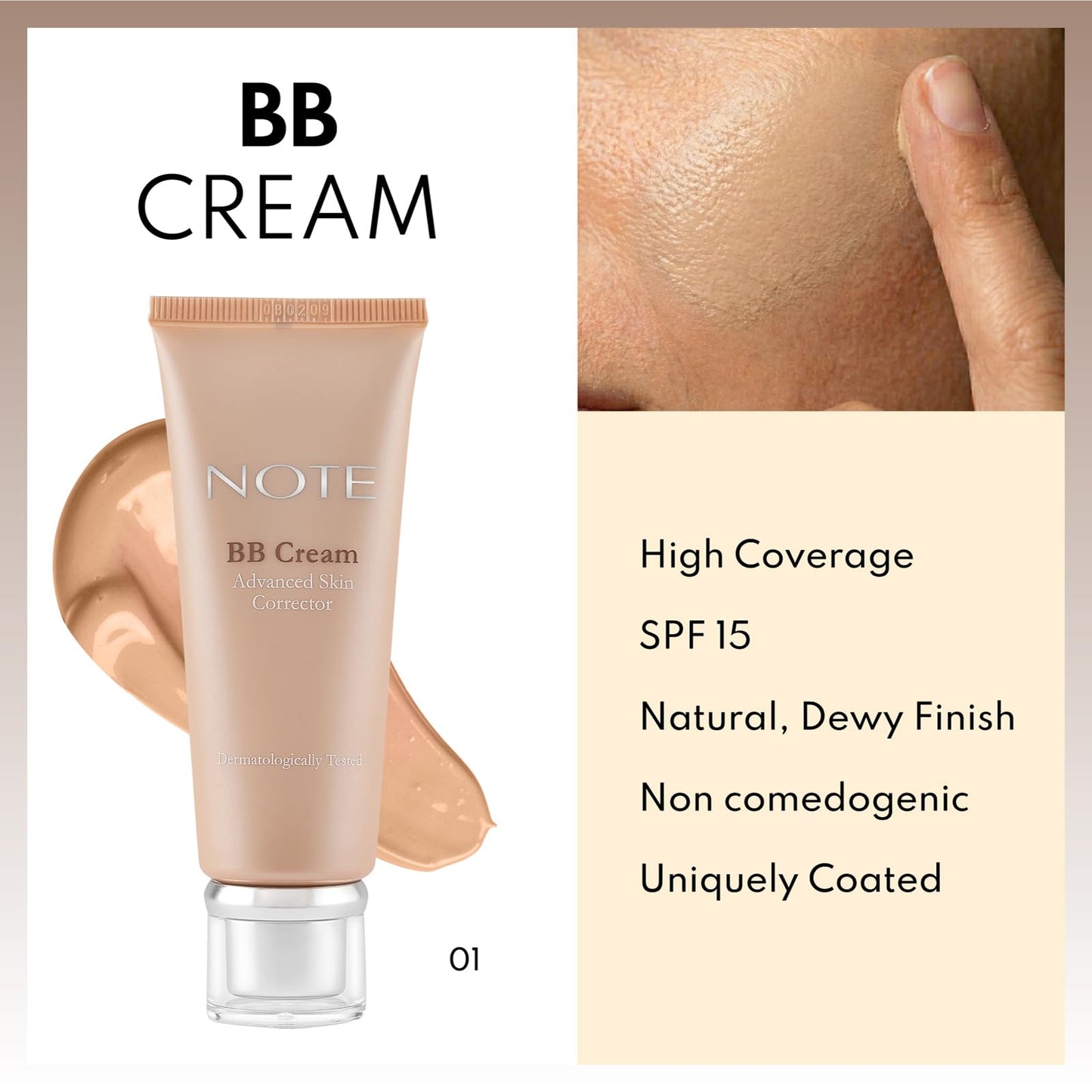 Note Cosmetique BB Cream SPF 15 - Tinted Moisturizer Face Cream with Vitamin E - Hydrating Foundation Makeup - 01 Natural - 1 oz