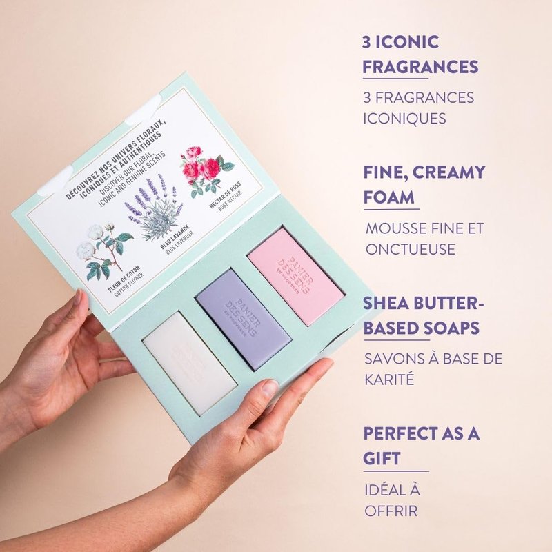 Panier des Sens - Mothersday Gift Bar Soap Gift Set for Women - Cotton, Rose, Lavender Soap Bars - Birthday Gift for Her - Hand & Body Soap Bars with Shea Butter - 97% Natural Ingredients - 3x3.5oz