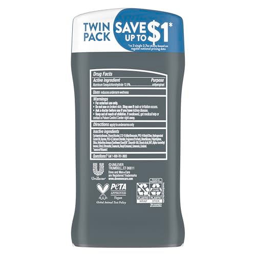 DOVE MEN + CARE Antiperspirant Deodorant Stick Clean Comfort Twin Pack 72-Hour Sweat & Odor Protection Antiperspirant for Men With 1/4 Moisturizing Cream 2.7 oz