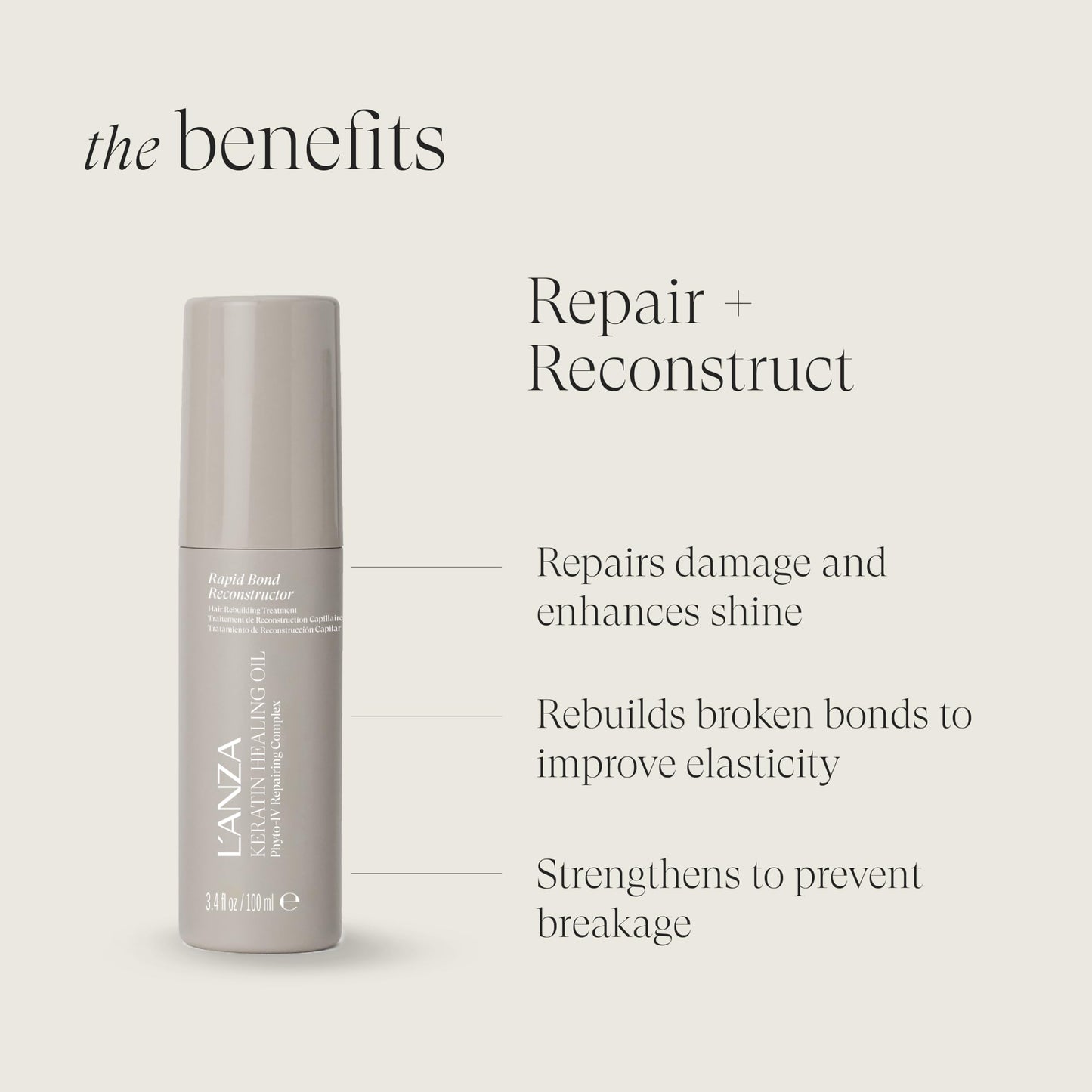 L'ANZA Keratin Healing Oil Rapid Bond Reconstructor For Hair Bond-Repair Treatment, Strengthens, Reduces Breakage, Improves Elasticity, Color Safe, Heat Protection, Sulfate Free (3.4 Fl Oz)