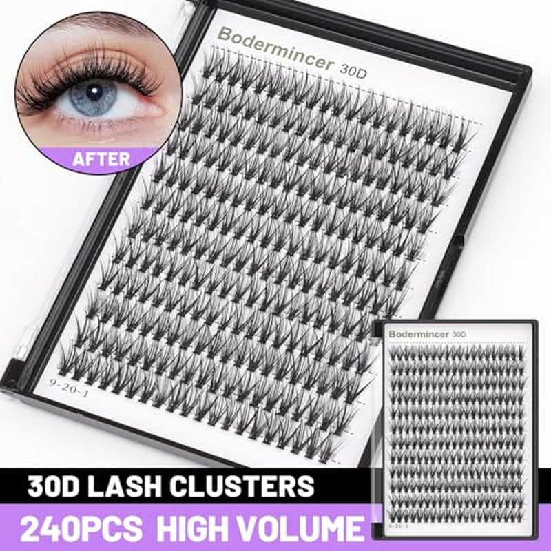 Bodermincer 7D/10D/20D/30D/40D/50D/60D/80D/100D Lash Cluster 240pcs D Curl Individual Cluster Eyelashes Fluffy false Eyelashes Extension Lash Cluster DIY at Home (30D-14mm)