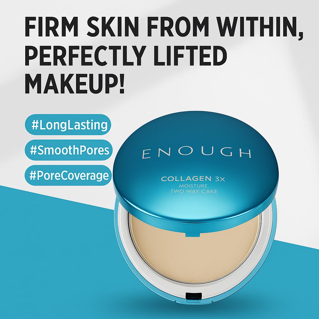 ENOUGH Collagen 3X Moisture Two-Way Cake SPF28, Korean Makeup Blurring Setting Powder Foundation, Face Pressed Powder Compact for Women (#13N Light Beige)