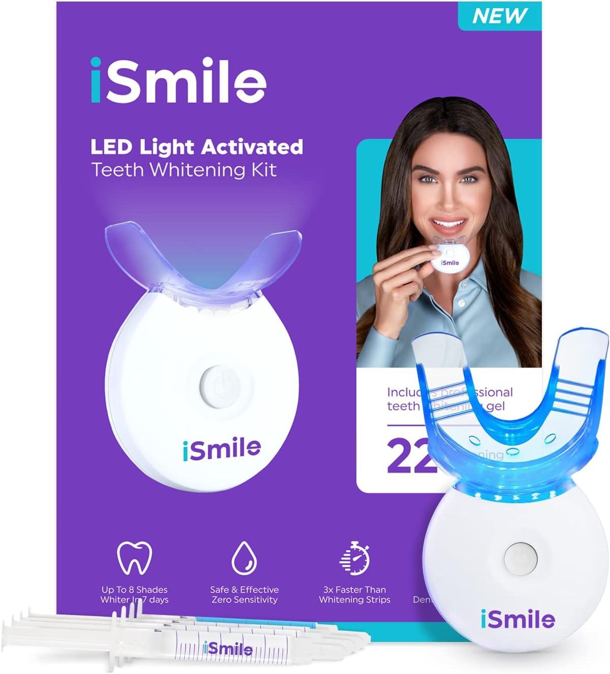 iSmile Teeth Whitening Kit - LED Light & 35% Carbamide Peroxide Gel | 3 Syringes & Remineralization Tray