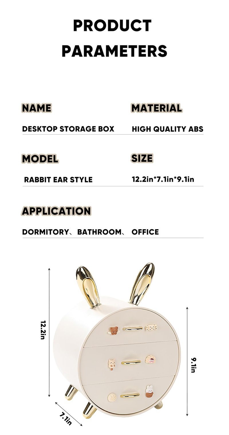 Makeup Organizer and Storage for Perfumes Cosmetics Jewelry,Easter Bunny Box for Countertop, skincare Cabinet Bins 3 draws Stackable Vanity Organizer for Dresser and Bathroom Countertop(Golden Ear)