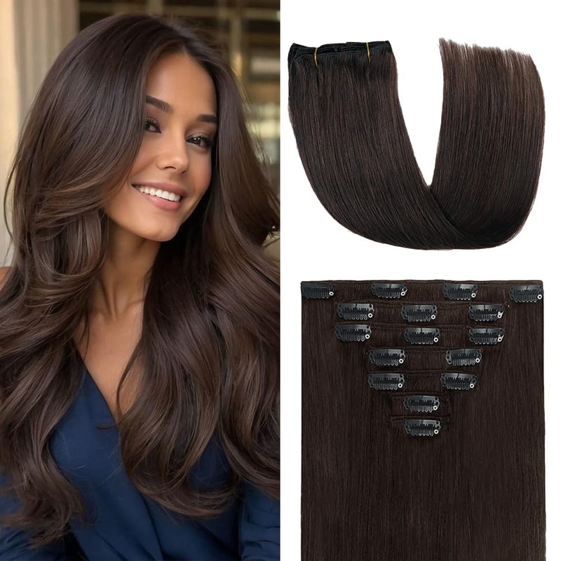 Clip in Hair Extensions Real Human Hair, 7Pcs 16 Inch Straight Brown Human Hair Extensions, 85g Dark Brown Seamless Invisible Real Clip in Human Hair Extensions, Double Weft Brazilian Remy Human Hair