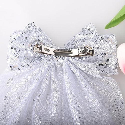 Silver Glitter Bow Hair Clip Sparkly Long Tail Hair Bow Clip Christmas Hair Clips Barrettes for Women Girls Extra Large Bling Bow Hair Clips for Women Silver Christmas Hair Accessories for Girls Women