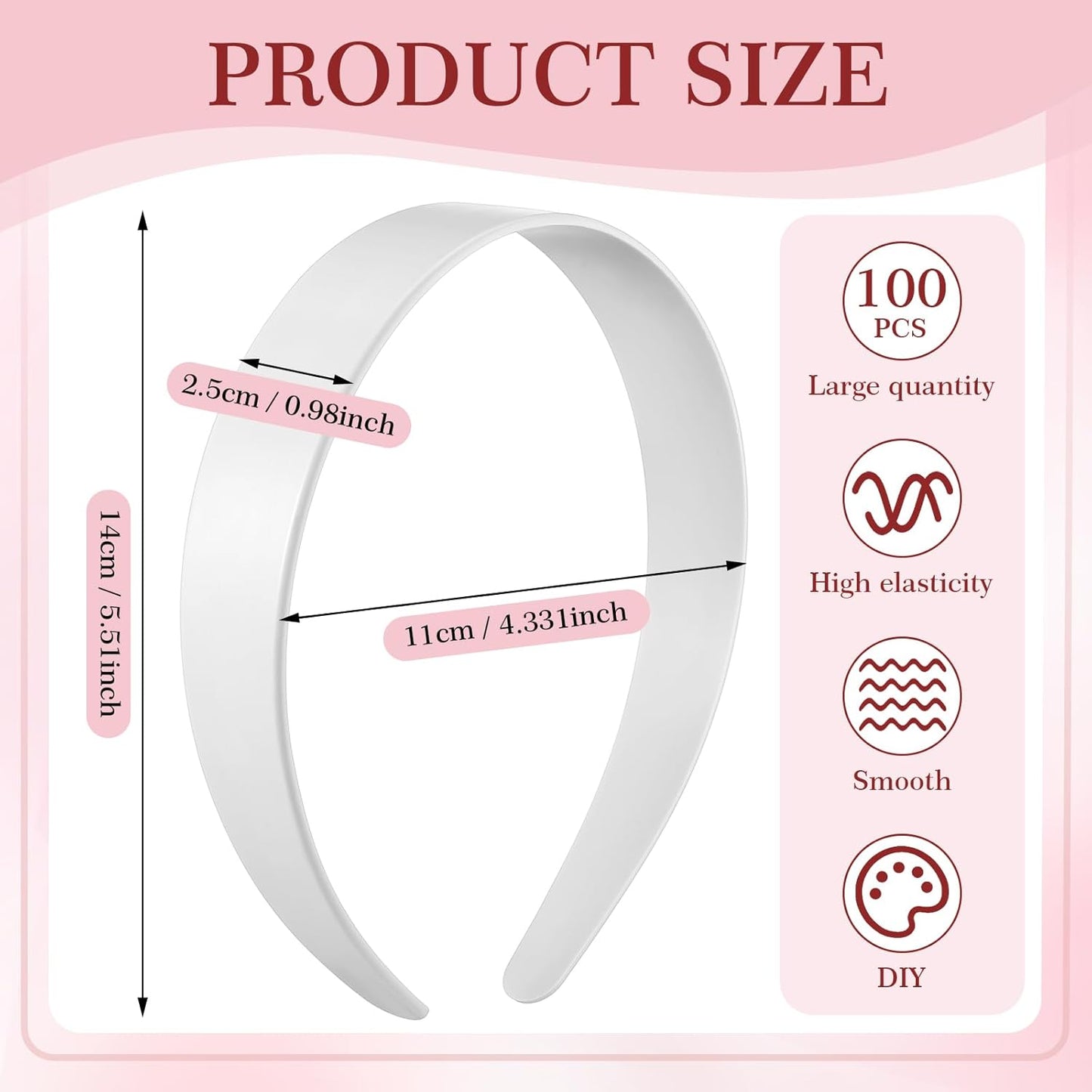 Plastic Headbands for Women - 100 Pcs Bulk No Teeth 1 Inch Wide | DIY Craft Hair Accessories, White
