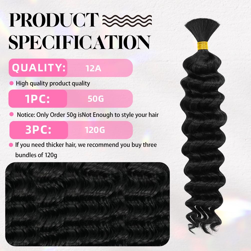 16 Inch Deep Wave Human Braiding Hair for Boho Braids – 50g 1 Bundles/Pack Natural Black 100% Unprocessed 12A Brazilian Virgin Human Hair Bulk, No Weft, Wet & Wavy Curly Extensions