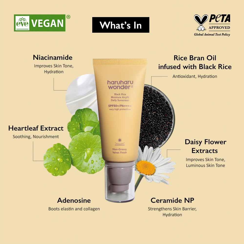 Haruharu Wonder Black Rice Sunscreen - Hydrating Daily SPF 50, Velvet Finish | 1.69fl.oz, Vegan Korean Skincare