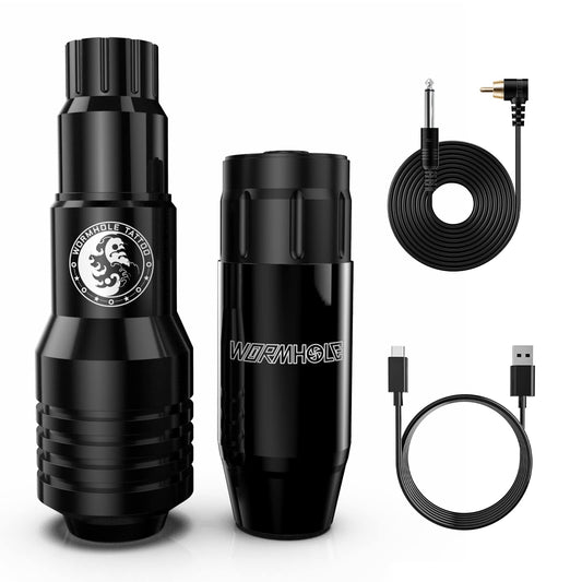 Wormhole Tattoo Gun Wireless Tattoo Machine Coreless Tattoo Practice Pen with 1200mah Battery Tattoo Power Supply Wireless Rotary with RCA Cord, Type-C Cable(Black) CHPD02-A