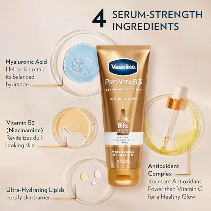 Vaseline Pro VitaB3 Serum Burst Lotion Luminous Glow Healthy, Glowing Skin, Lightweight 10x Antioxidant Power of Vitamin C with Vitamin B3, Hyaluronic Acid & Vitamin E, 7.5 Fl Oz