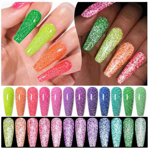 MTSSII Reflective Glitter Neon Gel Nail Polish Set, 12 Colors Gel Nail Polish Set Nails Gel Blue Hot Pink Purple Green Soak Off Uv Led Gel Nail Polish Kit Nail Gift for Her