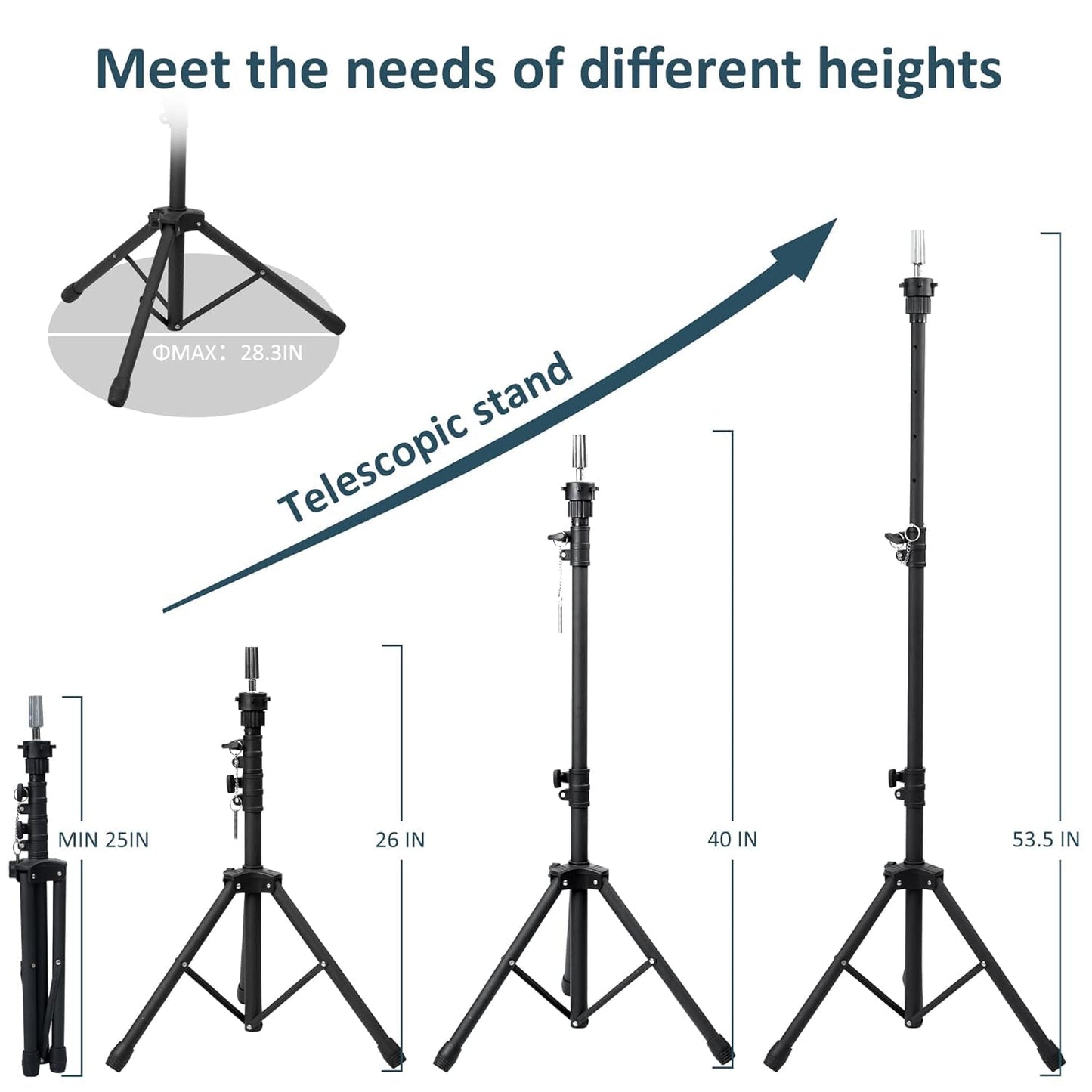 Klvied Wig Stand Tripod for Braiding Practice and Wig Styling, Adjustable 25-53.5 Inch Mannequin Head Stand with Tool Tray and Travel Bag, Fits Most Open-Bottom Heads, Black