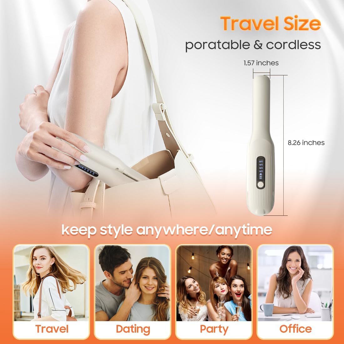 Cordless Hair Straightener - Portable 2-in-1 Flat Iron for Travel | Lightweight, Fast USB-C Charging, 4000 mAh Battery (White)