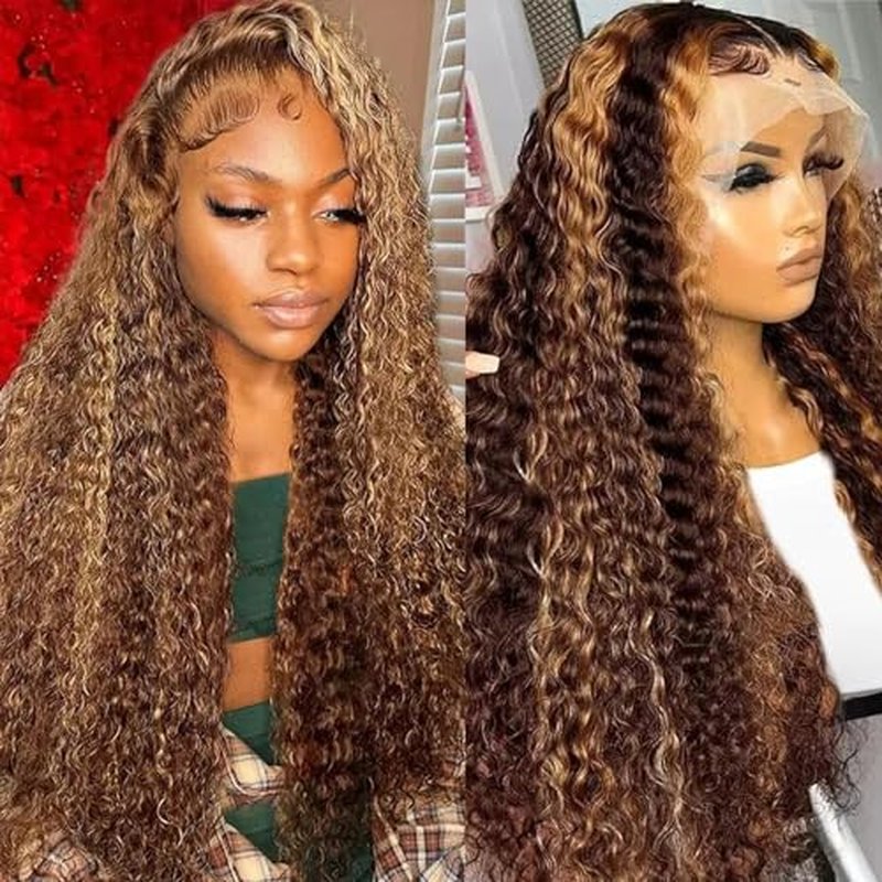 24 Inch 13x6 Deep Wave Lace Front Wigs Human Hair Pre Plucked #4/27 Highlight Ombre Colored Wigs Water Wave Honey Blonde Curly Lace Frontal Wigs Human Hair for Black Women with Baby Hair