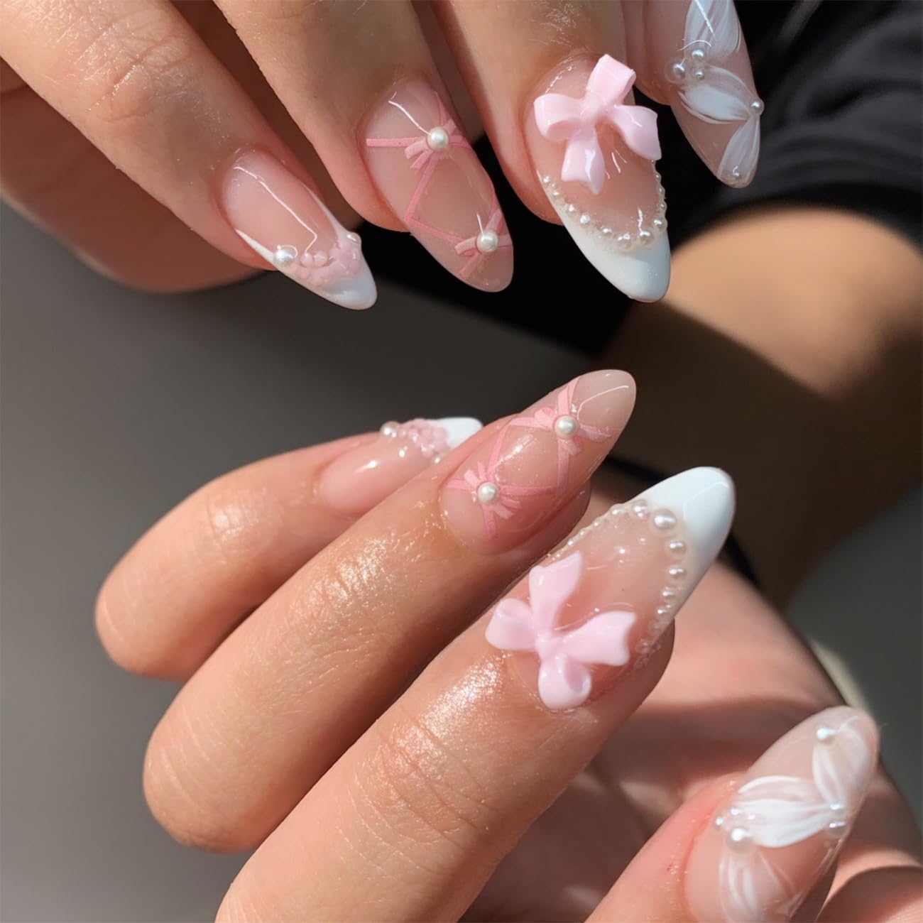 24pcs French Tip Press-On Nails - Short, Charms, Bow, Flower Design, Pink, Cute, Square Shape, Acrylic, Rhinestones