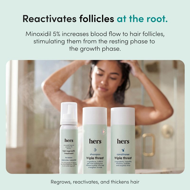 hers Triple Threat Shampoo, Conditioner, & Minoxidil Set - Includes 5% Minoxidil Foam Solution - Hair Thickening & Strengthening Formula - Paraben-Free, Vegan, Color-Safe - 3 Count