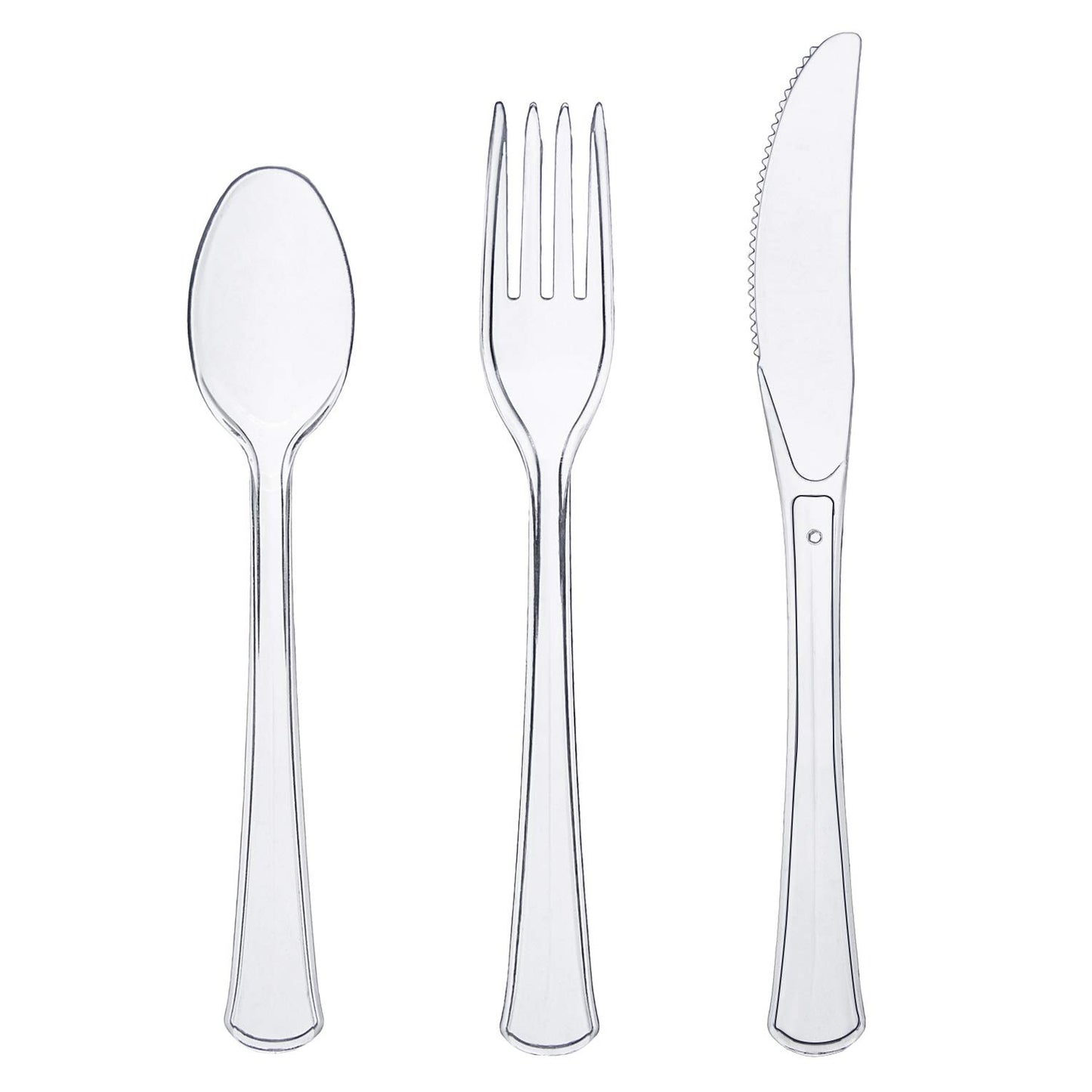 Party Essentials Extra Heavy Duty Hard Plastic Cutlery Combo Pack and Full Size Knives/Forks/Spoons, Clear, 8 Place Setting-Count