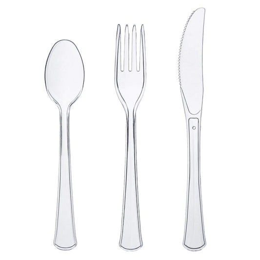 Party Essentials Extra Heavy Duty Hard Plastic Cutlery Combo Pack and Full Size Knives/Forks/Spoons, Clear, 8 Place Setting-Count