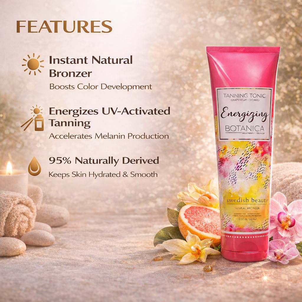 Swedish Beauty ENERGIZING Botanica Natural Bronzer (8.5 ounces) Tanning Bed Lotion, Grapefruit and Orchid Blend