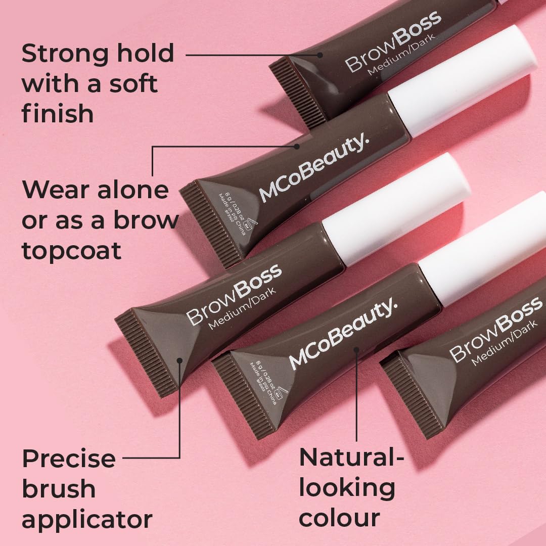 MCoBeauty - Brow Boss Glue & Set - Dark Medium Semi-Tinted Brow Gel for Natural Tint, Long-Lasting Hold and Effortless Brow Styling - Vegan, Cruelty Free Cosmetics - Eyebrow Makeup, Stocking Stuffers