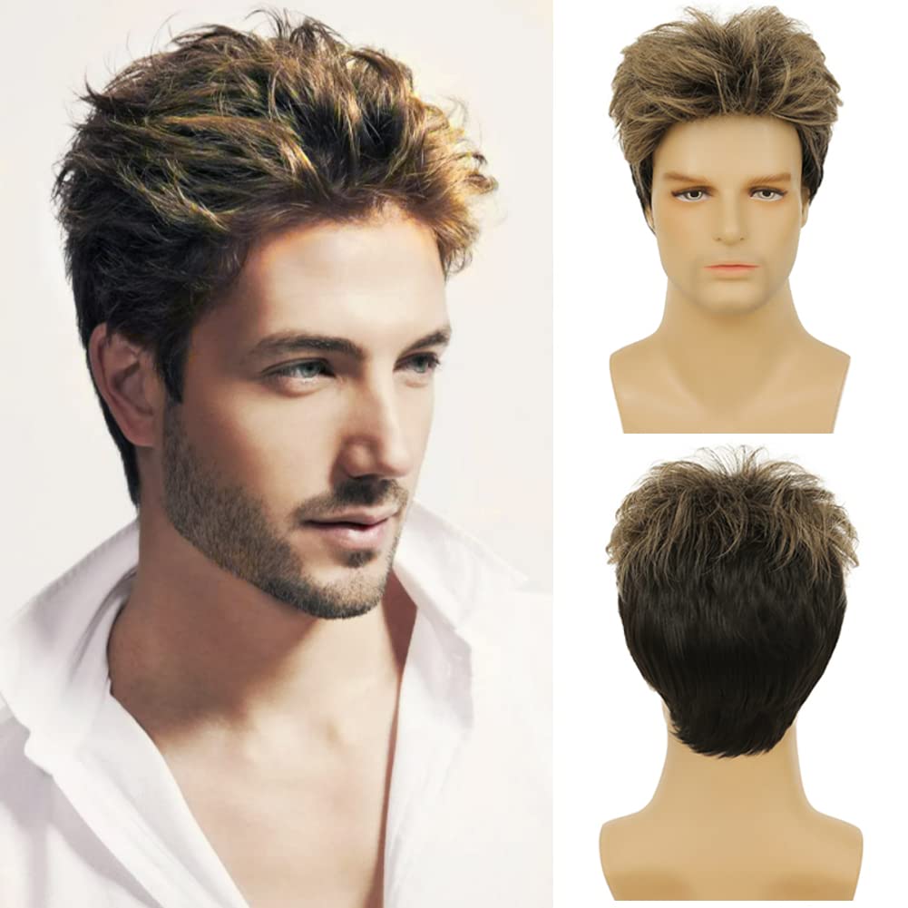 Tseses Blonde Mix Black Men Wigs Short Layered Wig for Male Guy Halloween Cosplay Party Costume Hair Synthetic Fiber Wig