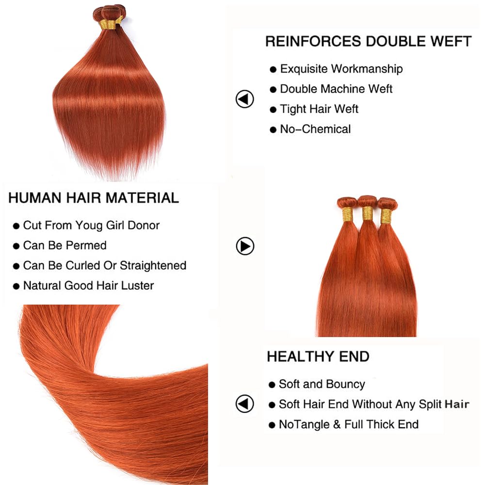Ginger Bundles Human Hair Orange Straight Bundles 12 14 16 Inch Designed for Black Women Soft and Healthy Human Hair Bundles 300g