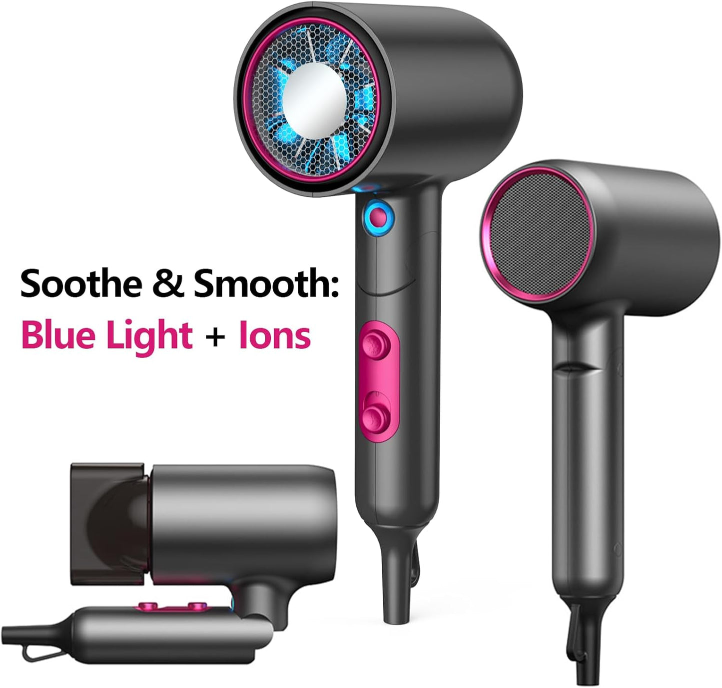 Portable Hair Dryer - Ionic Fast Drying with Blue Light Scalp Care | Foldable Design, 2 Speeds, Diffuser & Nozzle