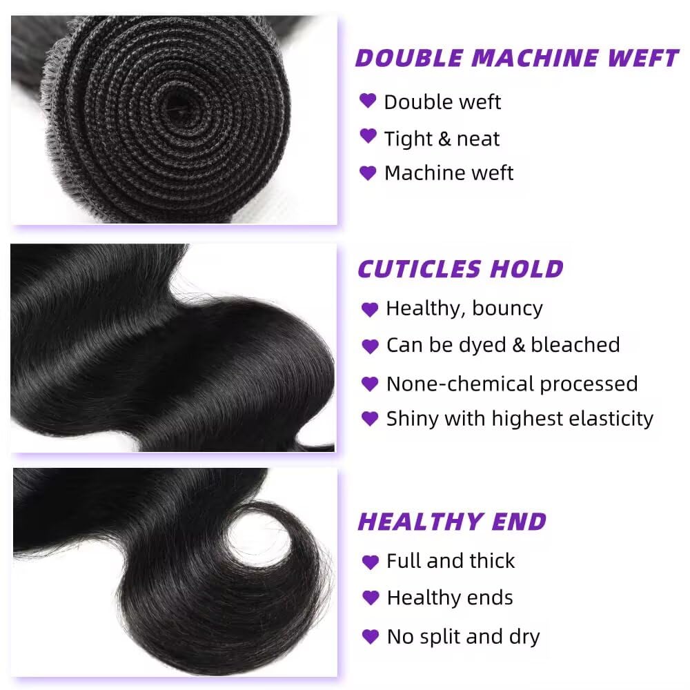 12A Human Hair Bundles 16 Inch Body Wave Bundles Human Hair 100% Unprocessed Brazilian Virgin Weave 1 Bundle for Women Natural Black Wavy Human Hair Extensions