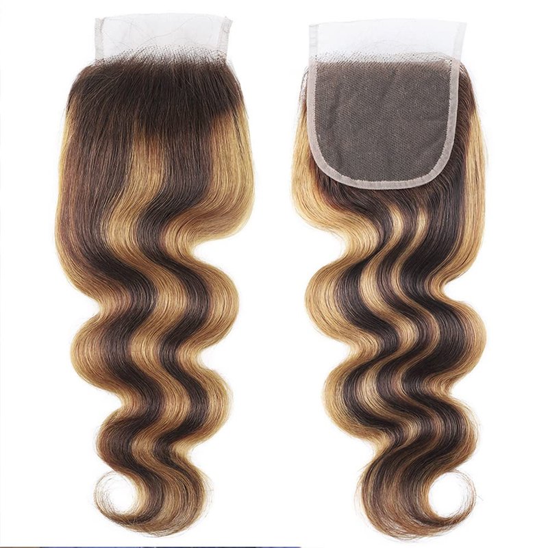 Isufer Highlight Lace Closure Human Hair Pre Plucked With Baby Hair 4/27 Closure Body Wave Brown To Honey Blonde Two Tone Closure Human Hair 4X4 Free Part Bleached Knots Brazilian Virgin Hair 10 Inch