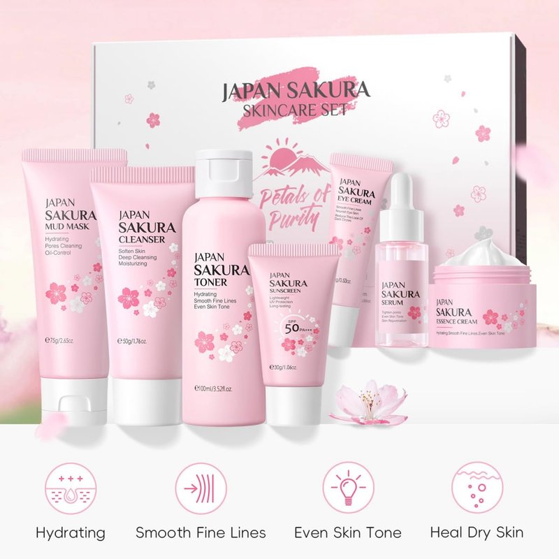 Sakura Skin Care Set - Complete 7-Piece Skincare Gift Set for Girls 10-12 | Travel Size with Mud Mask