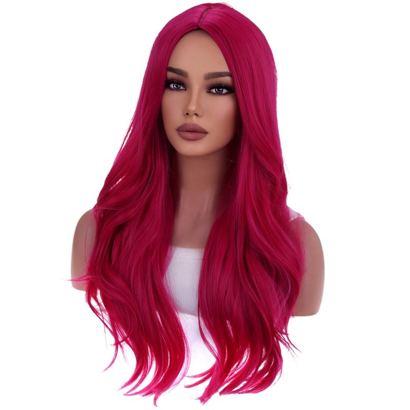 Hot Pink Wig for Women - Long Curly Synthetic Middle Part Wig | Perfect for Cosplay & Costume Parties