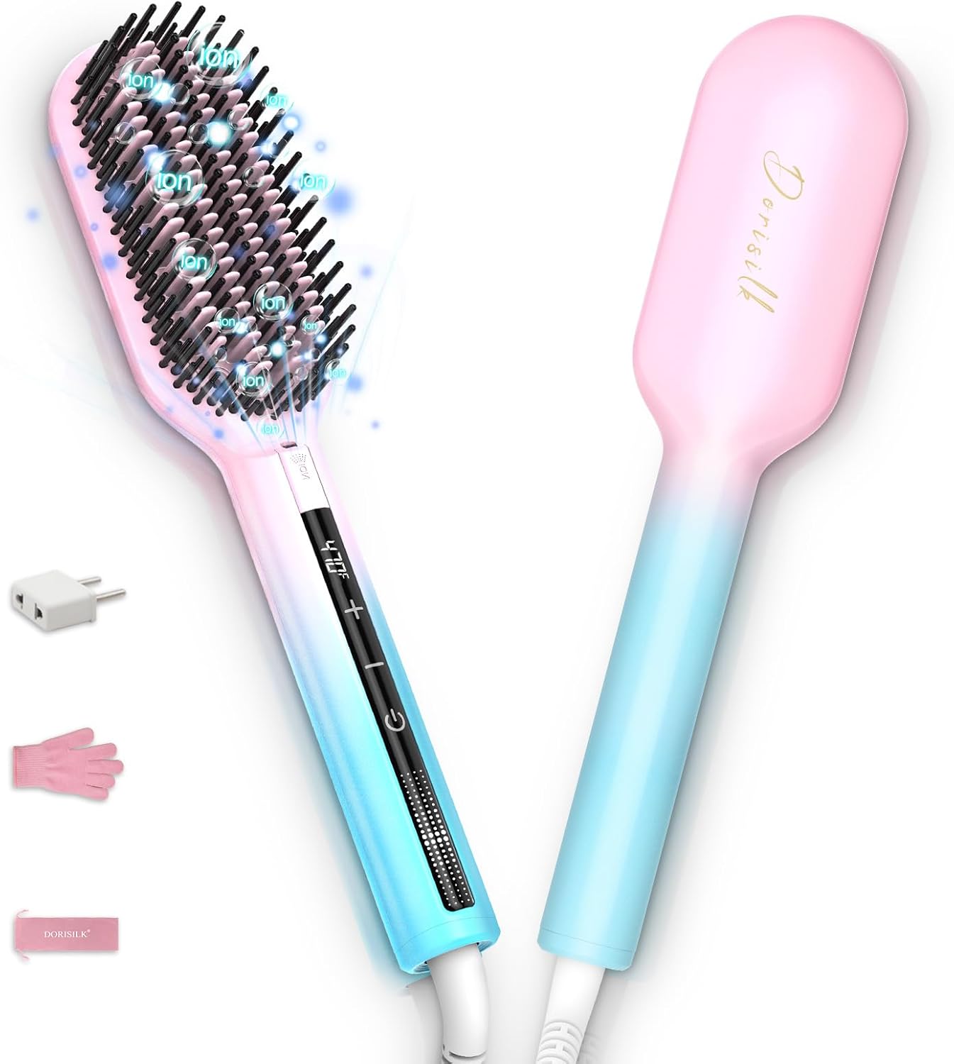 DORISILK Ionic Hair Straightener Brush - 470℉ Heated Comb for Smooth, Frizz-Free Hair | Dual Voltage, Professional Results