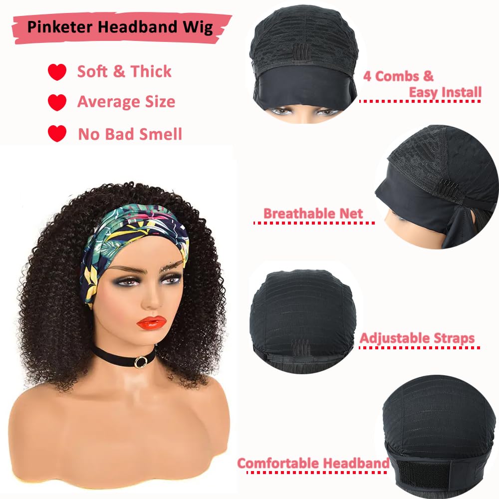Pinketer Kinky Curly Headband Wig Human Hair 150% Density None Lace Front Glueless Wigs for Black Women 12 Inch Machine Made Half Wig Natural Black Color