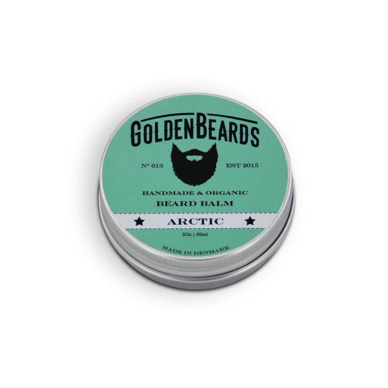 Golden Beards Organic Beard Balm Arctic – Shea, Cocoa & Beeswax Blend with Peppermint, Tea Tree & Orange Scent – 60ml Vegan Handmade Styling Balm for Beard Hydration & Freshness, Handmade in Denmark.